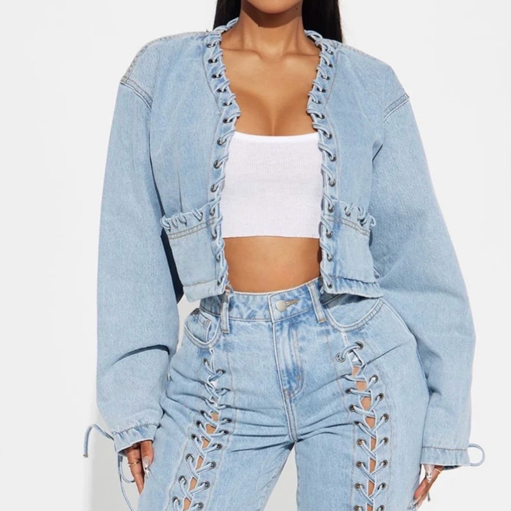 Fashion Nova Light Blue Jean Jacket with Lace-Up Detail